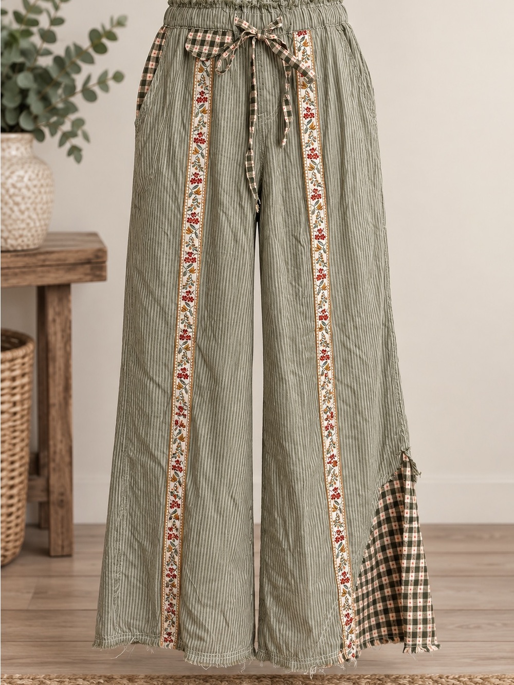 POL Olive Green Wide-Leg Pants with Embroidered Trim